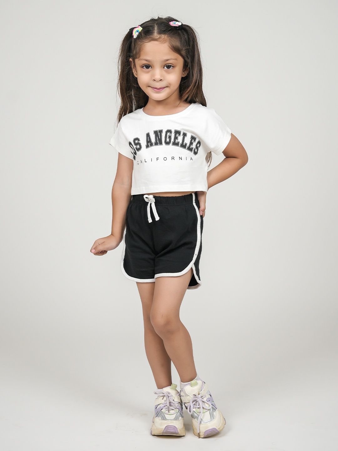 

BE AWARA Girls Los Angeles Printed Pure Cotton T-shirt with Shorts, White