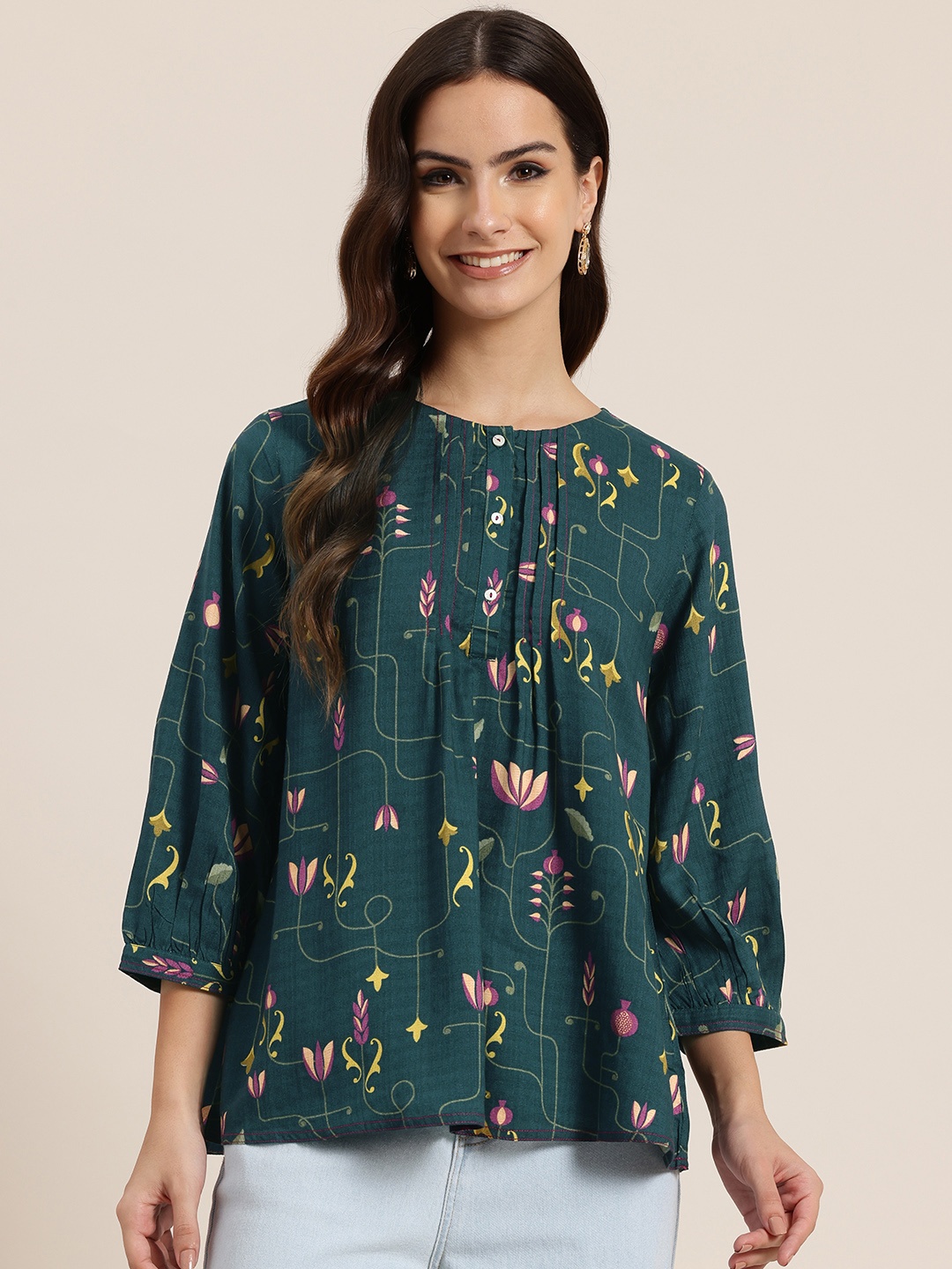 

HERE&NOW Floral Print Longline Top, Green
