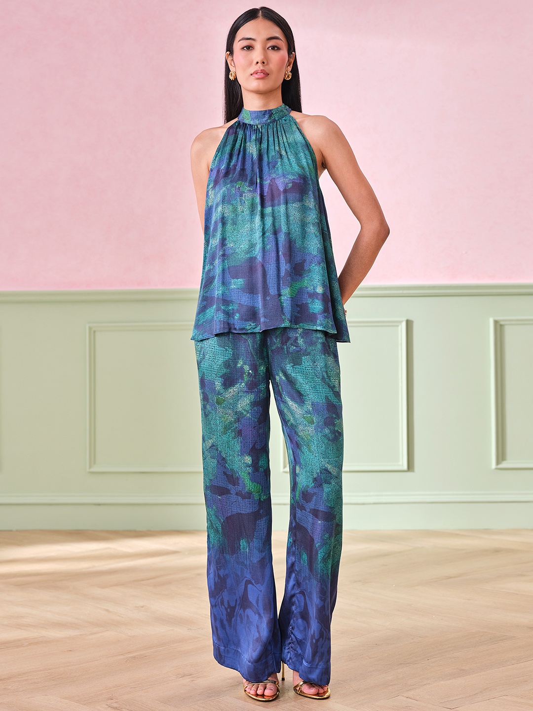 

AND Abstract Printed Mandarin Collar Top & Trousers, Blue