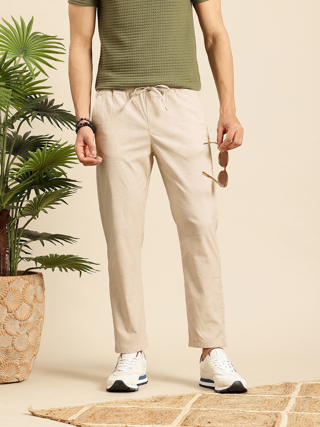 

Mast & Harbour Men Striped Relaxed Trousers, Beige