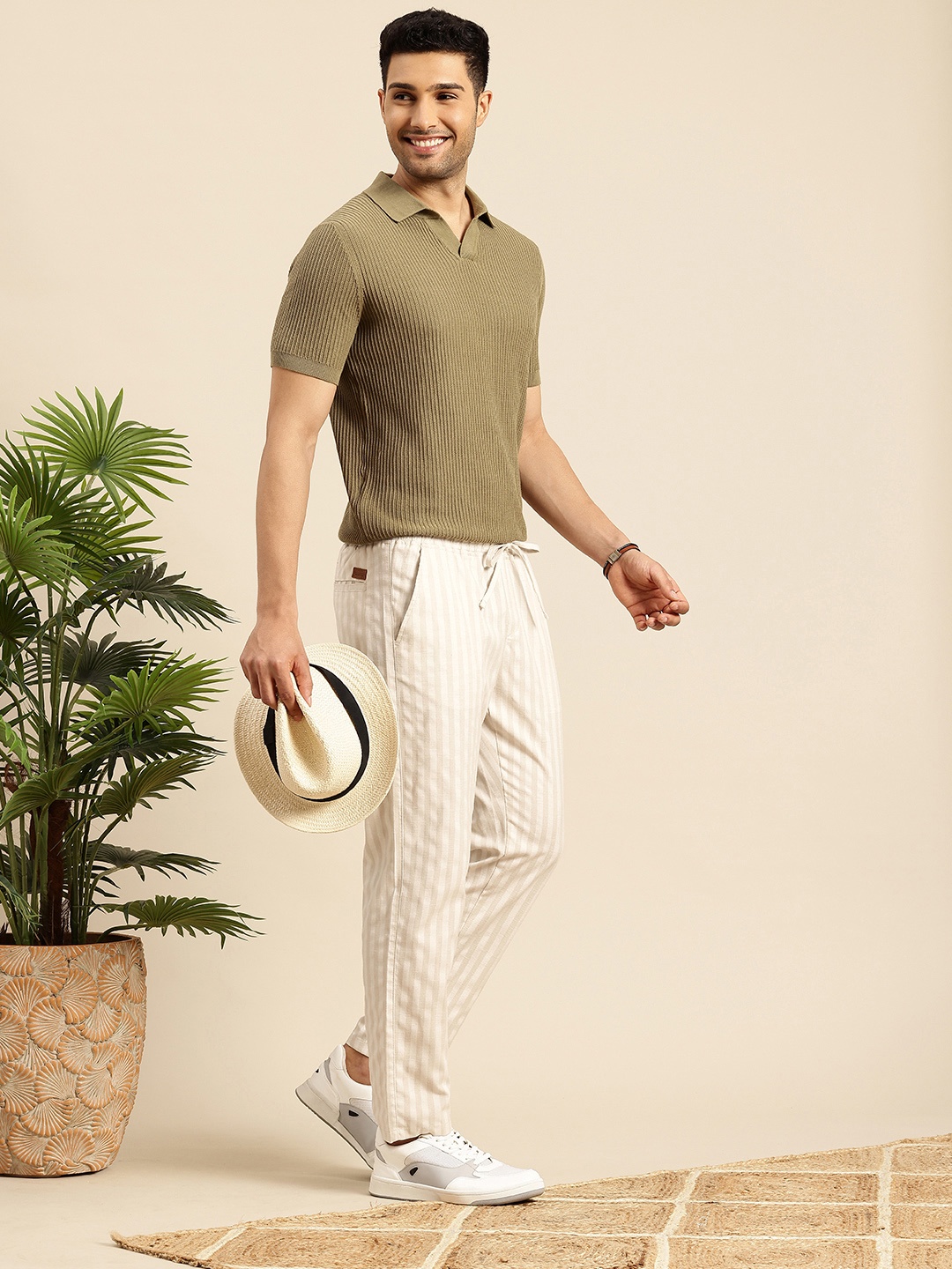 

Mast & Harbour Men Striped Relaxed Trousers, Beige