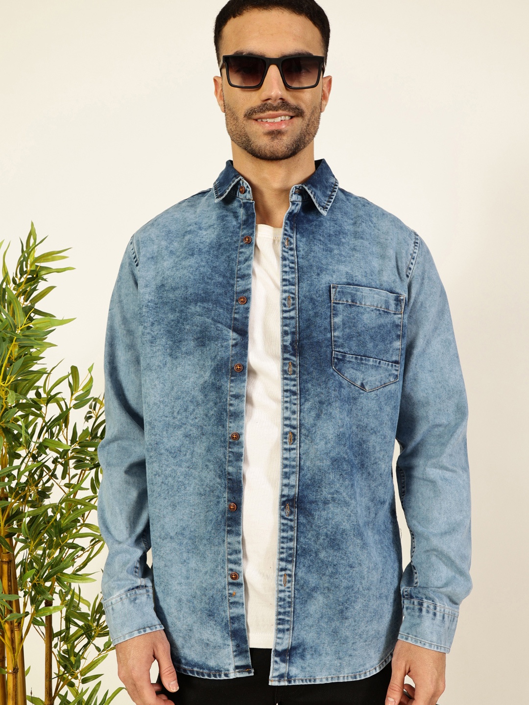 

Thomas Scott Men Smart Slim Fit Faded Opaque Faded Casual Shirt, Blue