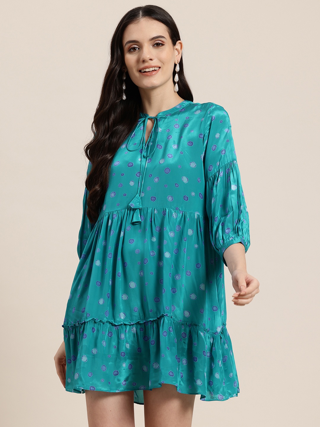 

HERE&NOW Print Tie-Up Neck A-Line Mini Dress, Blue