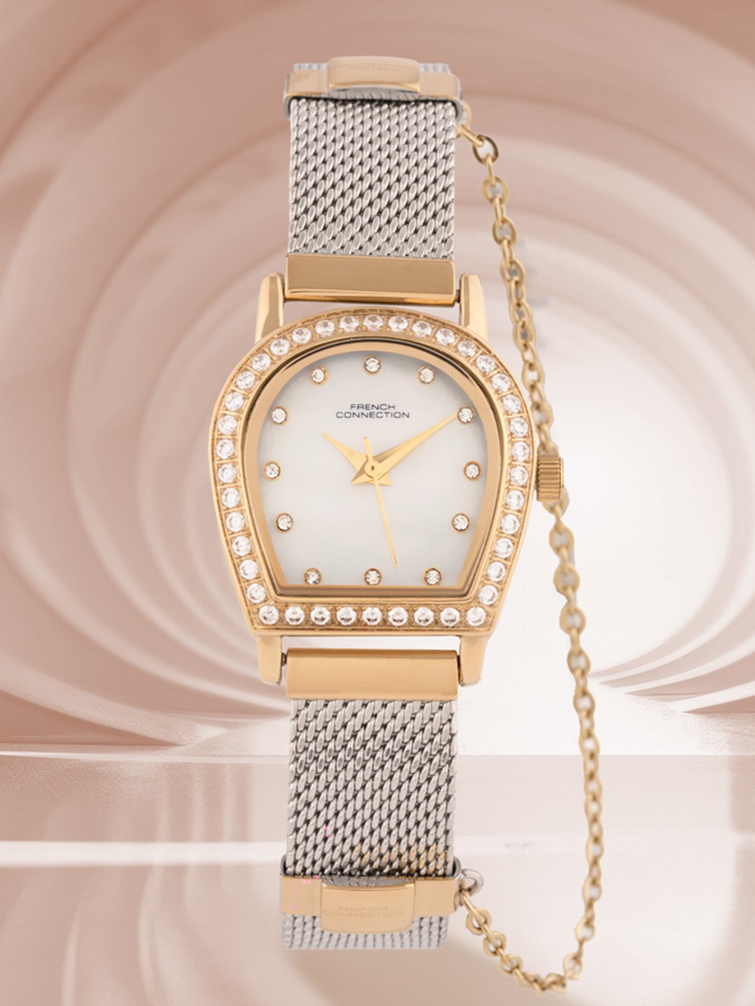 

French Connection Women Embellished Dial & Stainless Steel Bracelet Style Straps Analogue Watch FCH12TM, White