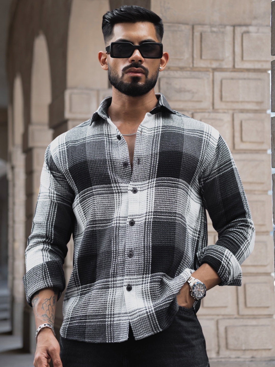 

Powerlook Men Tartan Checks Opaque Checked Casual Shirt, Grey