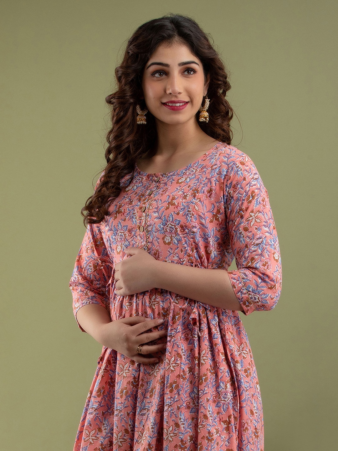 

MURLI KURTI Floral Printed Round Neck Gathered Fit & Flare Maternity Midi Ethnic Dress, Peach