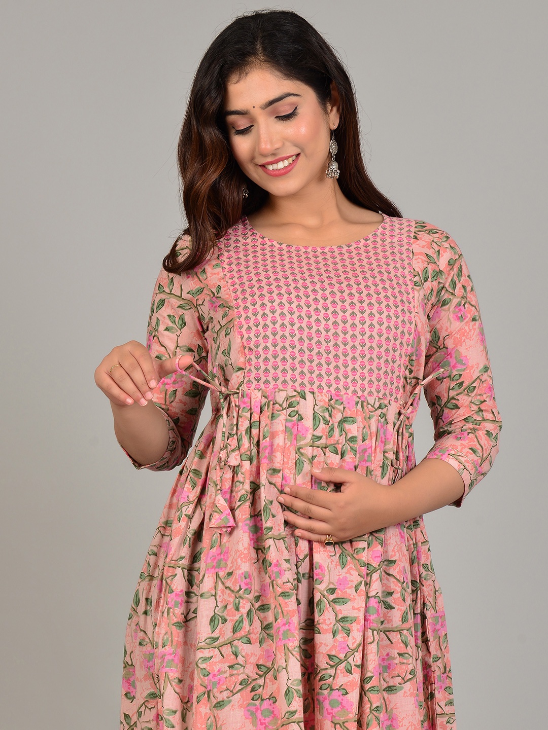 

MURLI KURTI Floral Printed Round Neck Cotton Fit and Flare Maternity Ethnic Dress, Peach