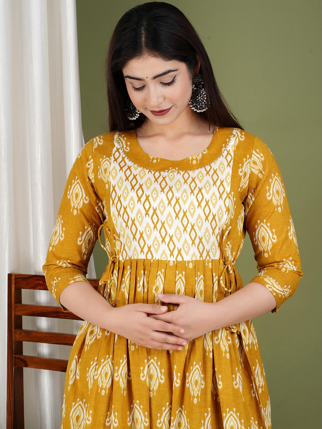 

MURLI KURTI Floral Printed Round Neck Gathered Fit & Flare Cotton Maternity Ethnic Dress, Mustard