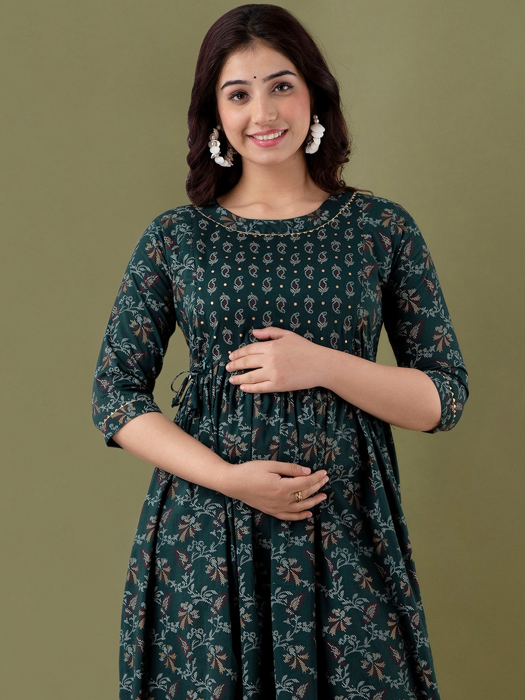 

MURLI KURTI Floral Printed Maternity A-Line Midi Ethnic Dress, Green