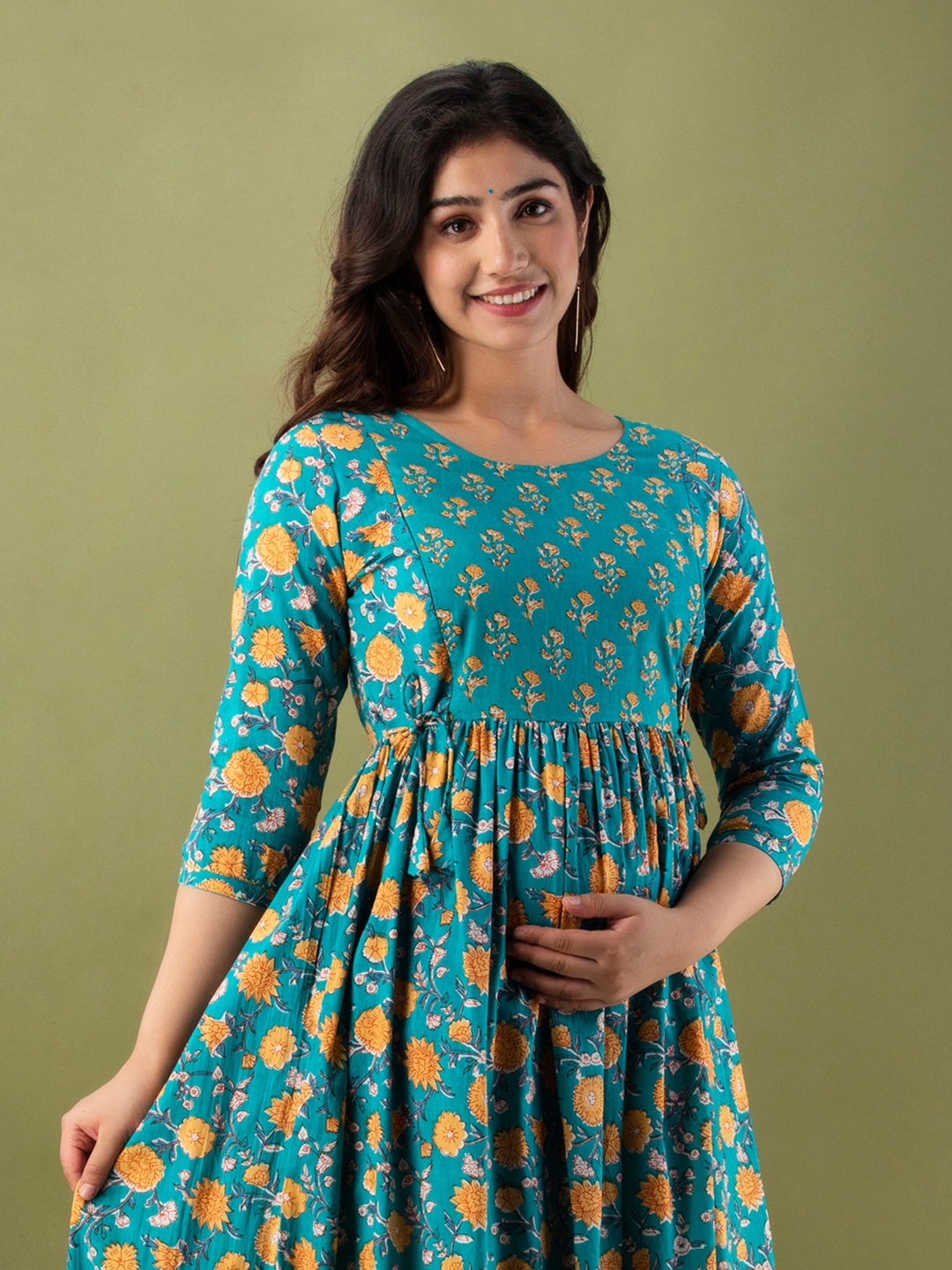 

MURLI KURTI Floral Printed Round Neck Gathered Fit & Flare Cotton Maternity Ethnic Dress, Blue