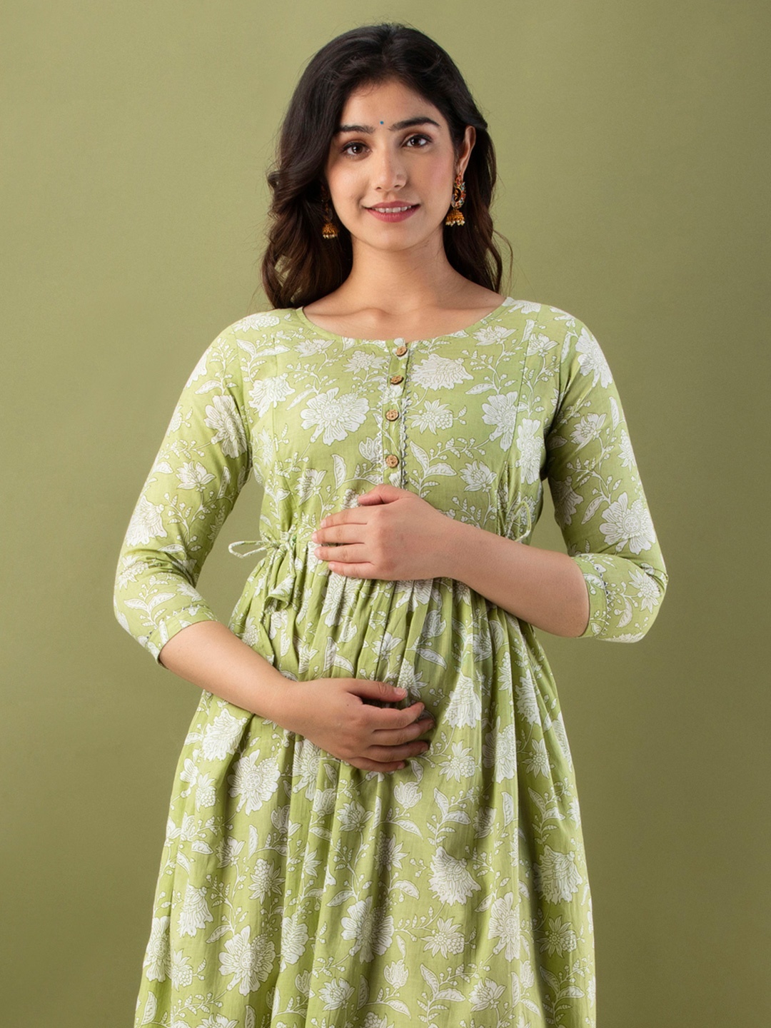 MURLI KURTI Floral Printed Gathered or Pleated Cotton A-Line Ethnic Dress, Green