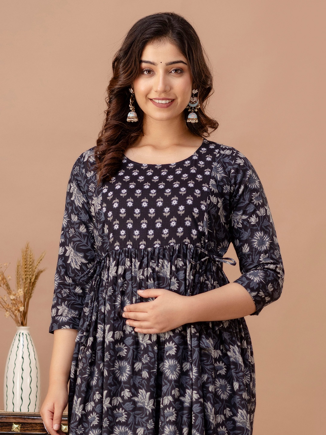 

MURLI KURTI Floral Printed Round Neck A-Line Maternity Ethnic Dress, Black