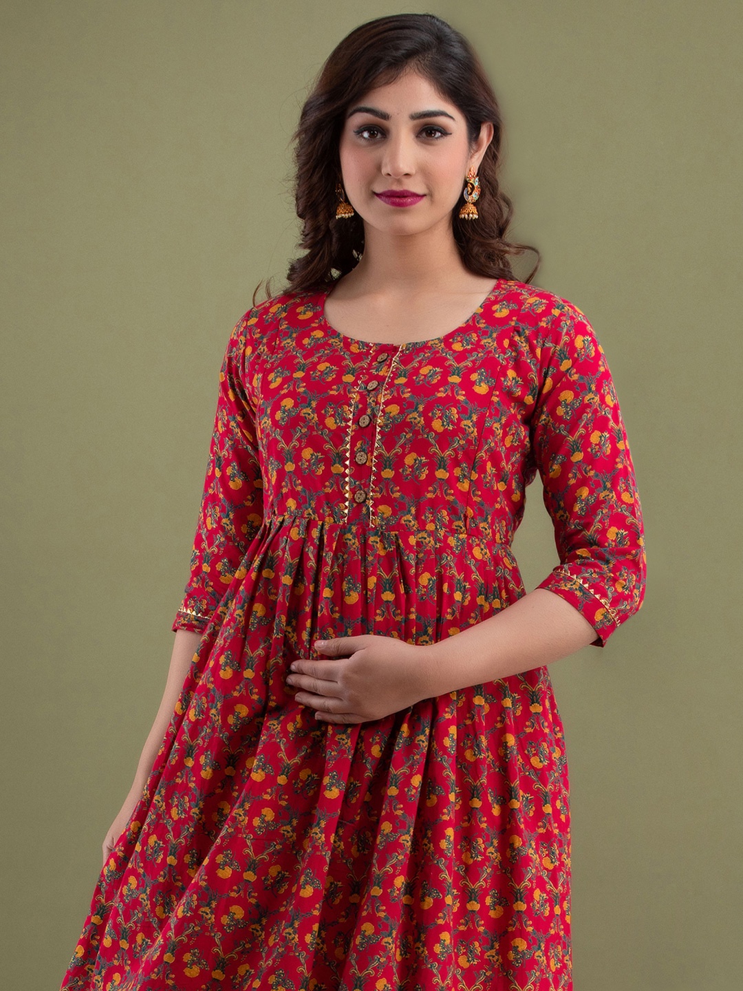 

MURLI KURTI Floral Printed Cotton Fit & Flare Midi Maternity Ethnic Dress, Red