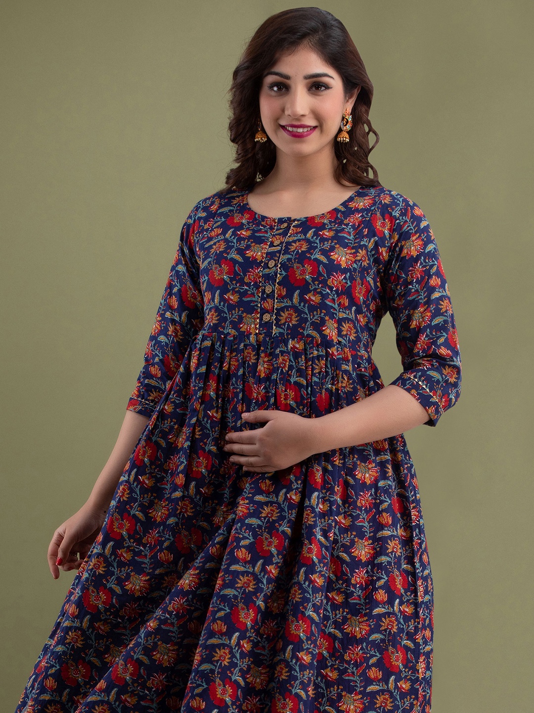 

MURLI KURTI Floral Printed Round Neck Cotton Fit and Flare Maternity Ethnic Dress, Blue