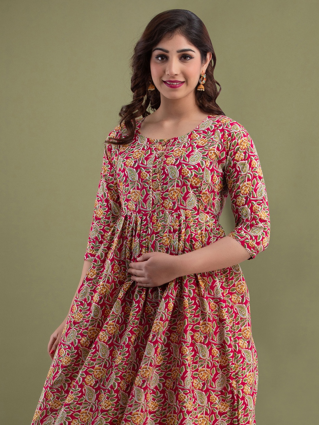 

MURLI KURTI Floral Printed Round Neck Gathered Fit & Flare Cotton Maternity Ethnic Dress, Maroon
