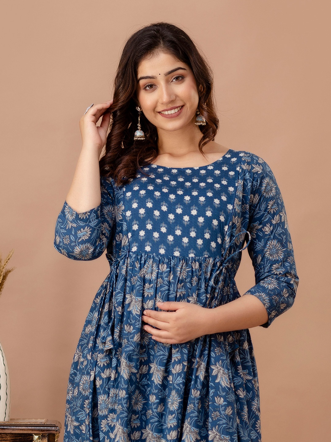 

MURLI KURTI Floral Printed Round Neck Gotta Patti Fit and Flare Maternity Ethnic Dress, Blue