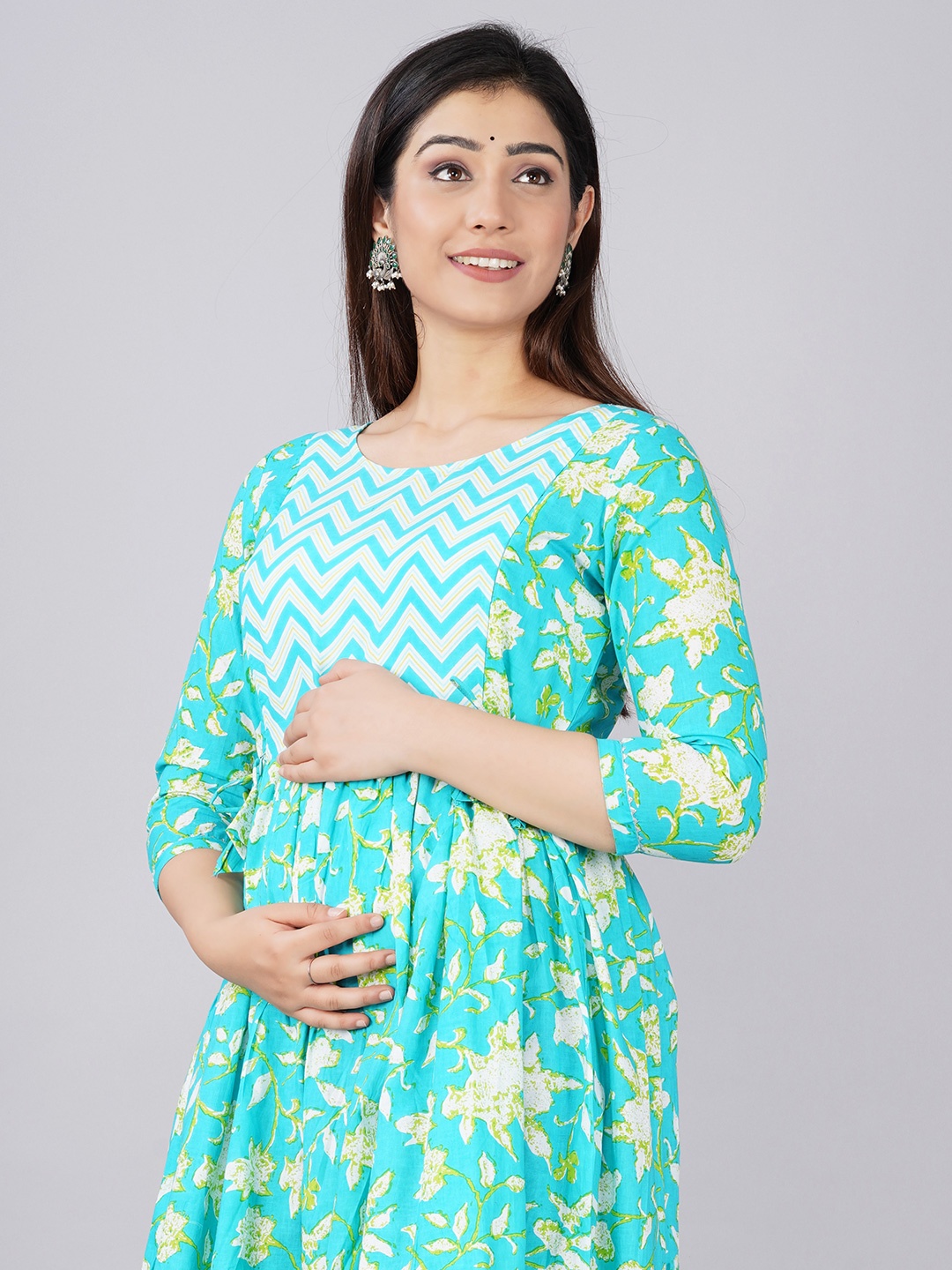 

MURLI KURTI Floral Printed Round Neck Gathered Fit & Flare Cotton Maternity Ethnic Dress, Blue