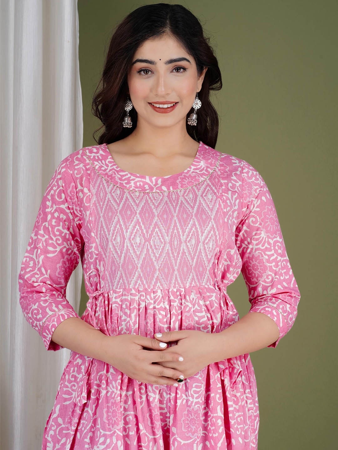 

MURLI KURTI Floral Printed Cotton Fit & Flare Midi Maternity Ethnic Dress, Pink