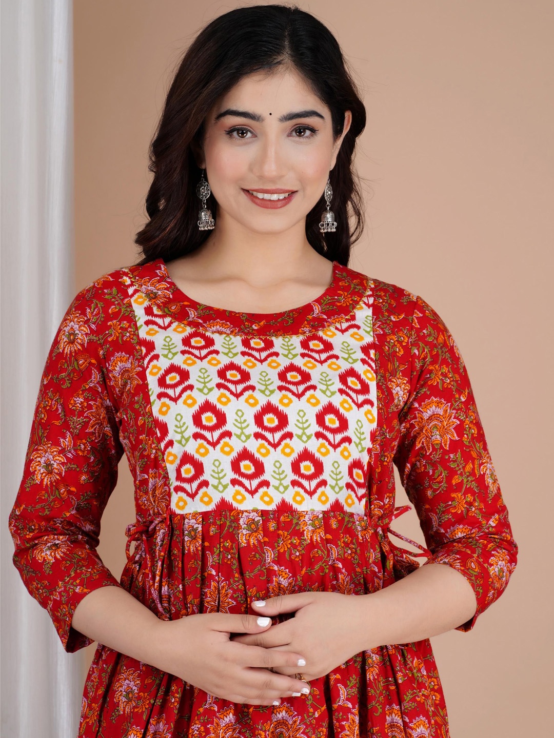 

MURLI KURTI Floral Printed Round Neck Gathered Fit & Flare Cotton Maternity Ethnic Dress, Red