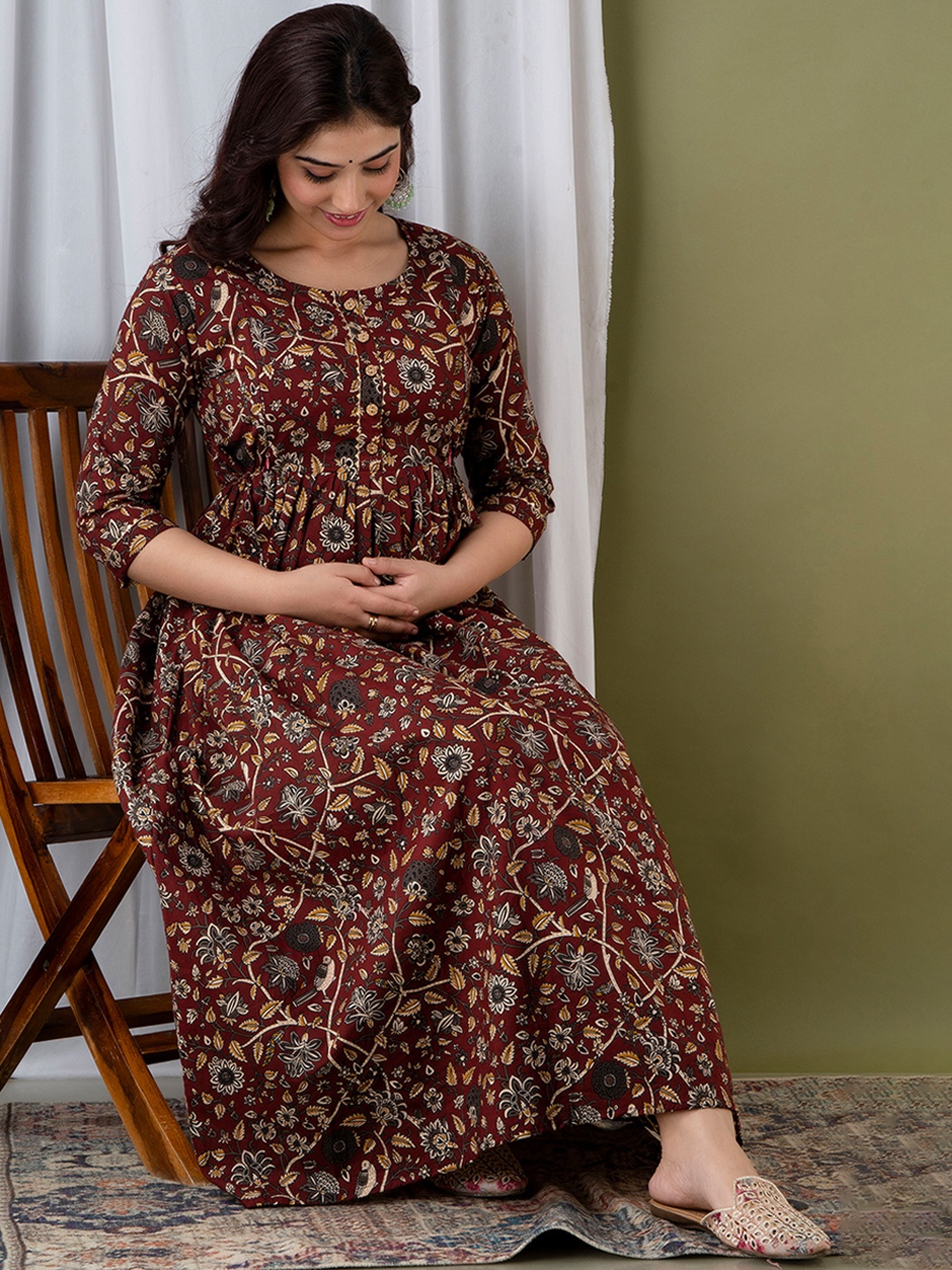 

MURLI KURTI Floral Printed Round Neck Cotton Fit and Flare Maternity Ethnic Dress, Maroon