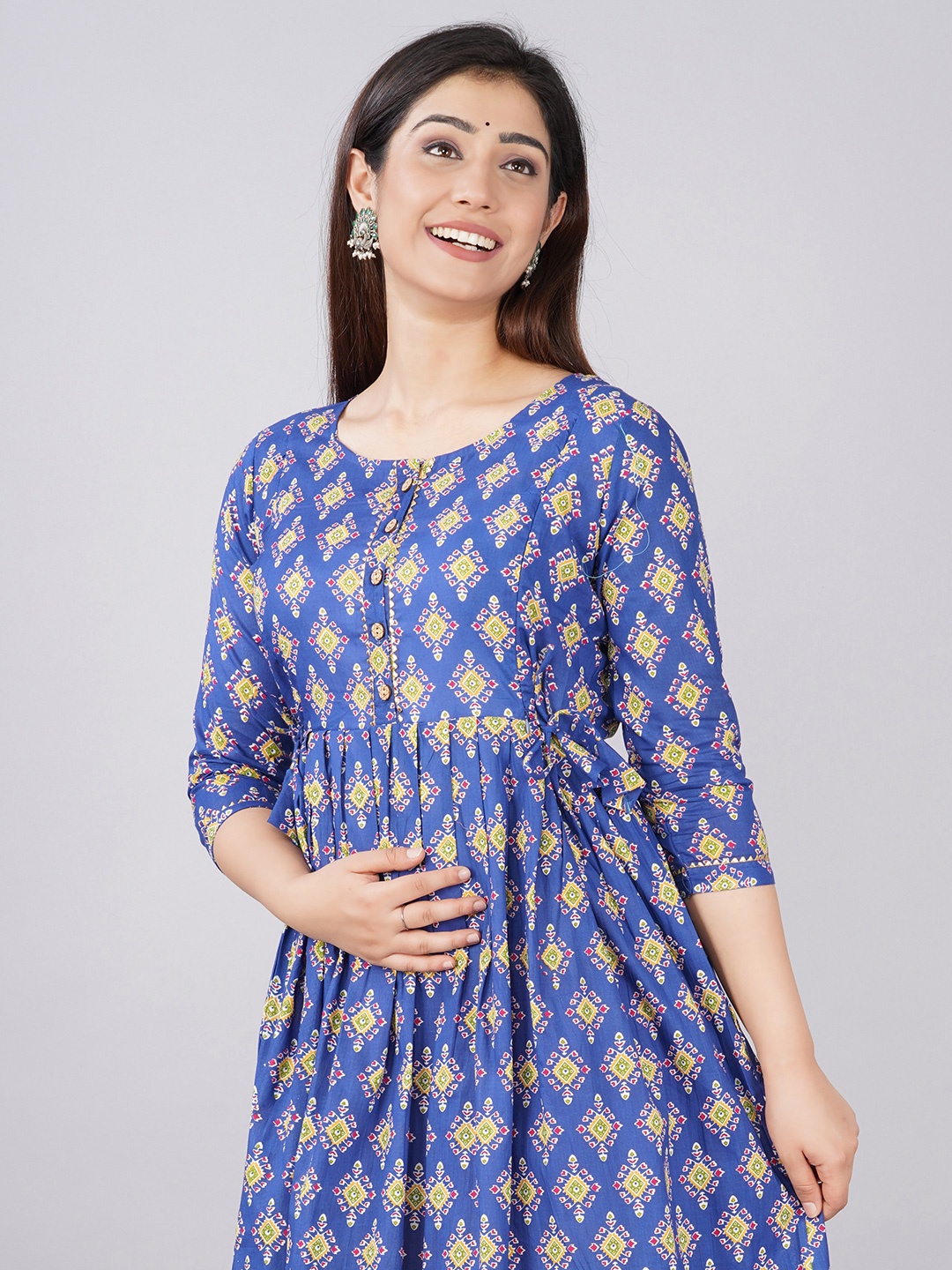 

MURLI KURTI Floral Printed Round Neck Gathered Fit & Flare Cotton Maternity Ethnic Dress, Blue