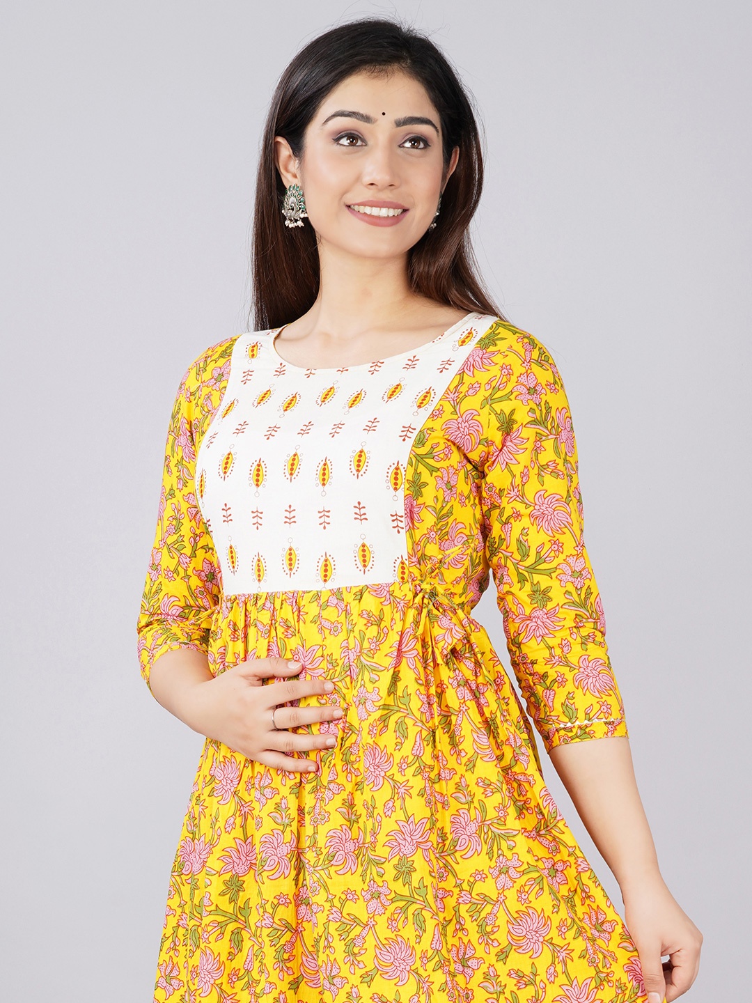 

MURLI KURTI Floral Printed Round Neck Cotton Fit and Flare Maternity Ethnic Dress, Yellow