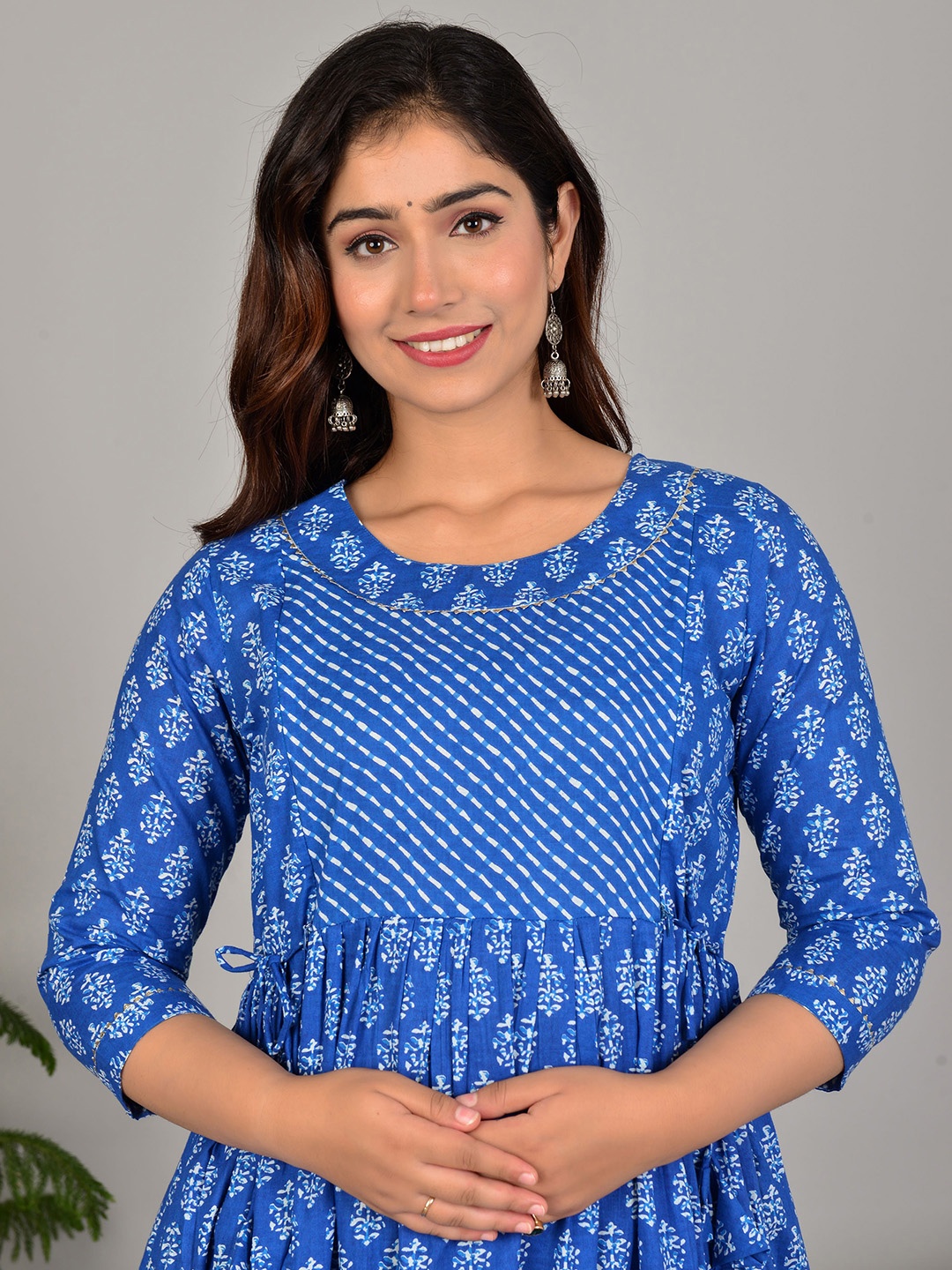 

MURLI KURTI Floral Printed Cotton Maternity A-Line Midi Ethnic Dress, Blue