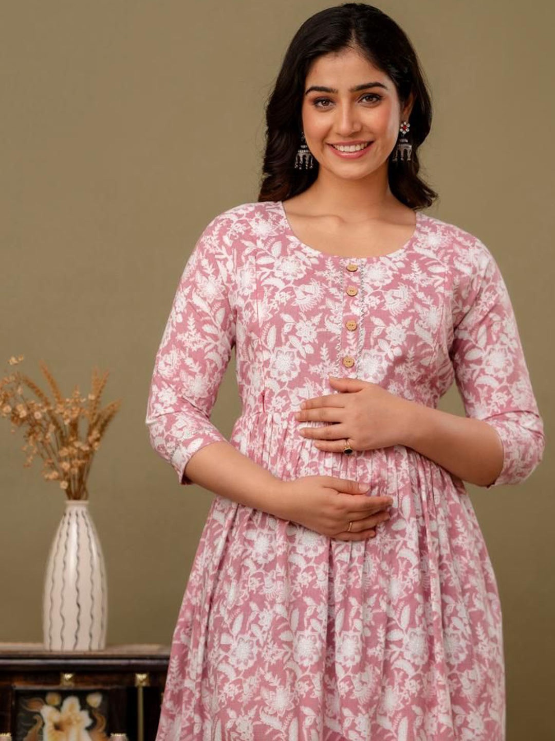 

MURLI KURTI Floral Printed Round Neck Fit and Flare Cotton Ethnic Dresses, Peach