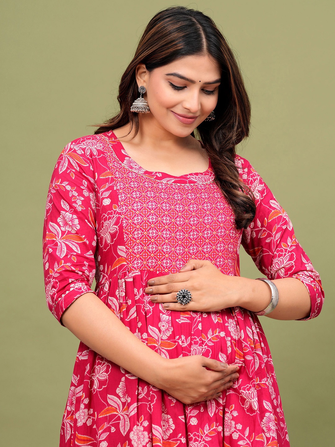 

MURLI KURTI Floral Printed Round Neck Gathered Fit & Flare Cotton Maternity Ethnic Dress, Red