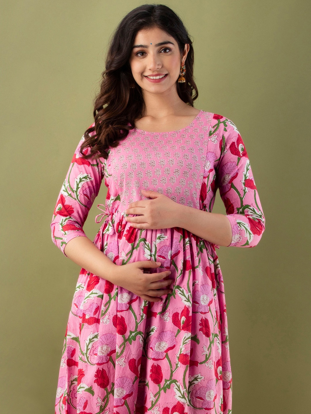 

MURLI KURTI Floral Printed Round Neck Gathered Fit & Flare Cotton Maternity Ethnic Dress, Pink