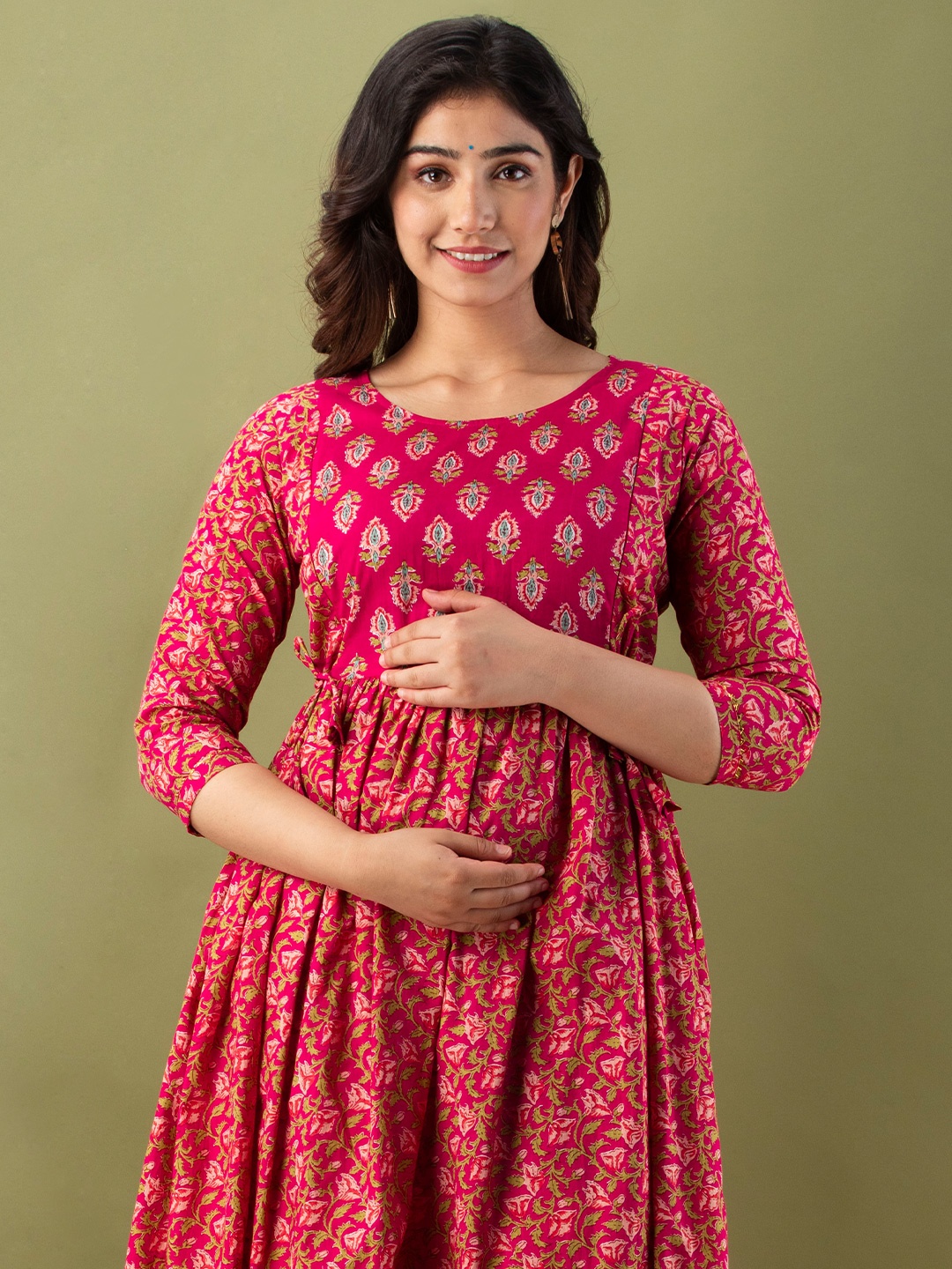 

MURLI KURTI Floral Printed Gathered or Pleated Cotton A-Line Ethnic Dress, Pink