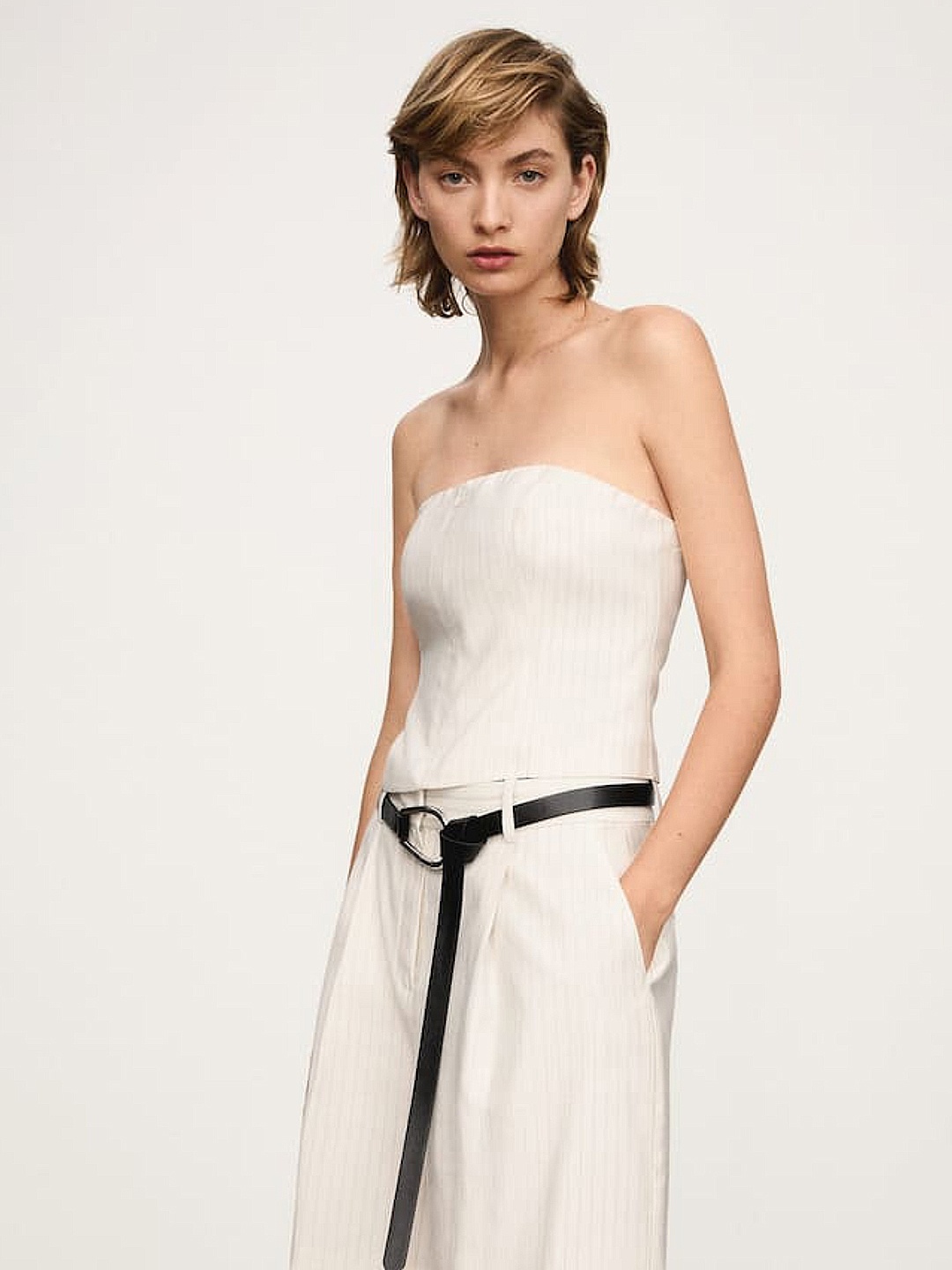 

MANGO Striped Bandeau Crop Top, Off white