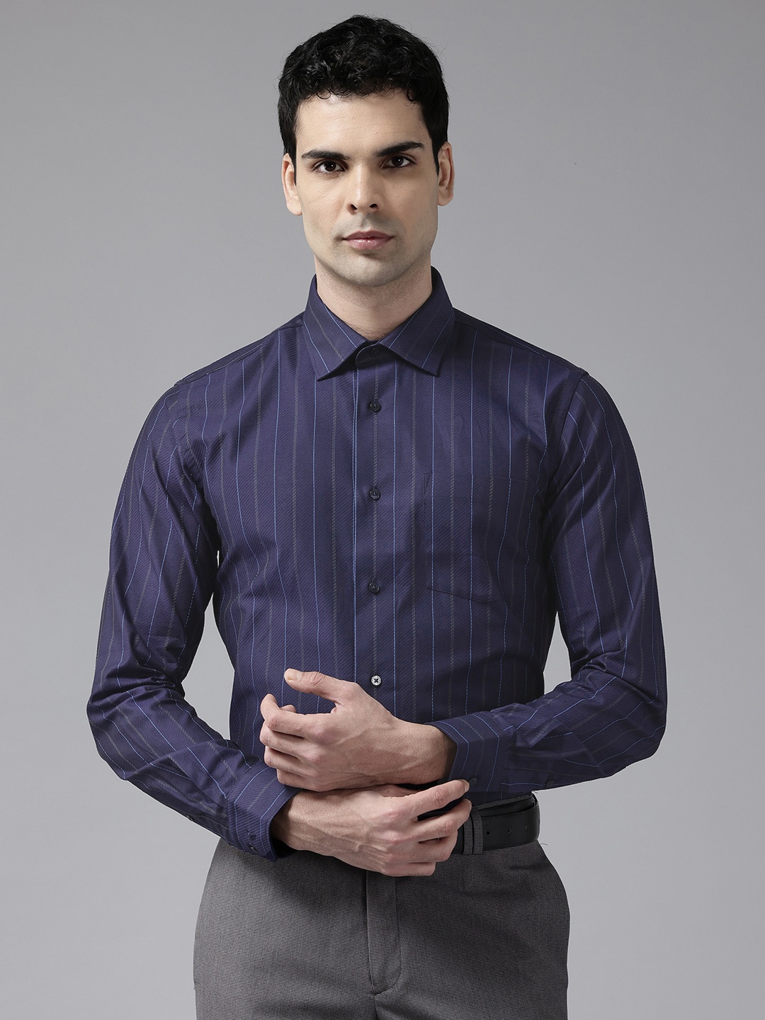 

Blackberrys Slim Fit Striped Pure Cotton Formal Shirt, Navy blue
