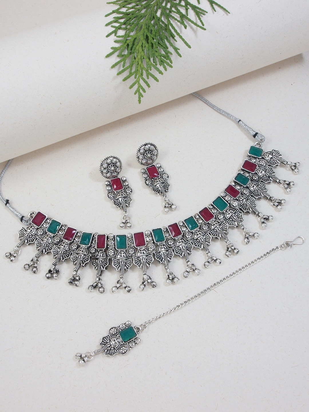 

I Jewels Silver Plated Stone Studded Boho Oxidised Jewellery Set