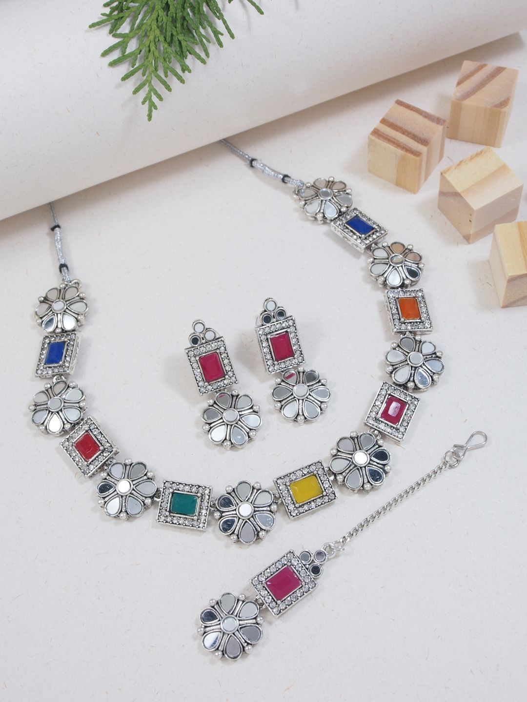 

I Jewels Silver Plated Stone StuddedSquare Shaped Floral Design Jewellery Set