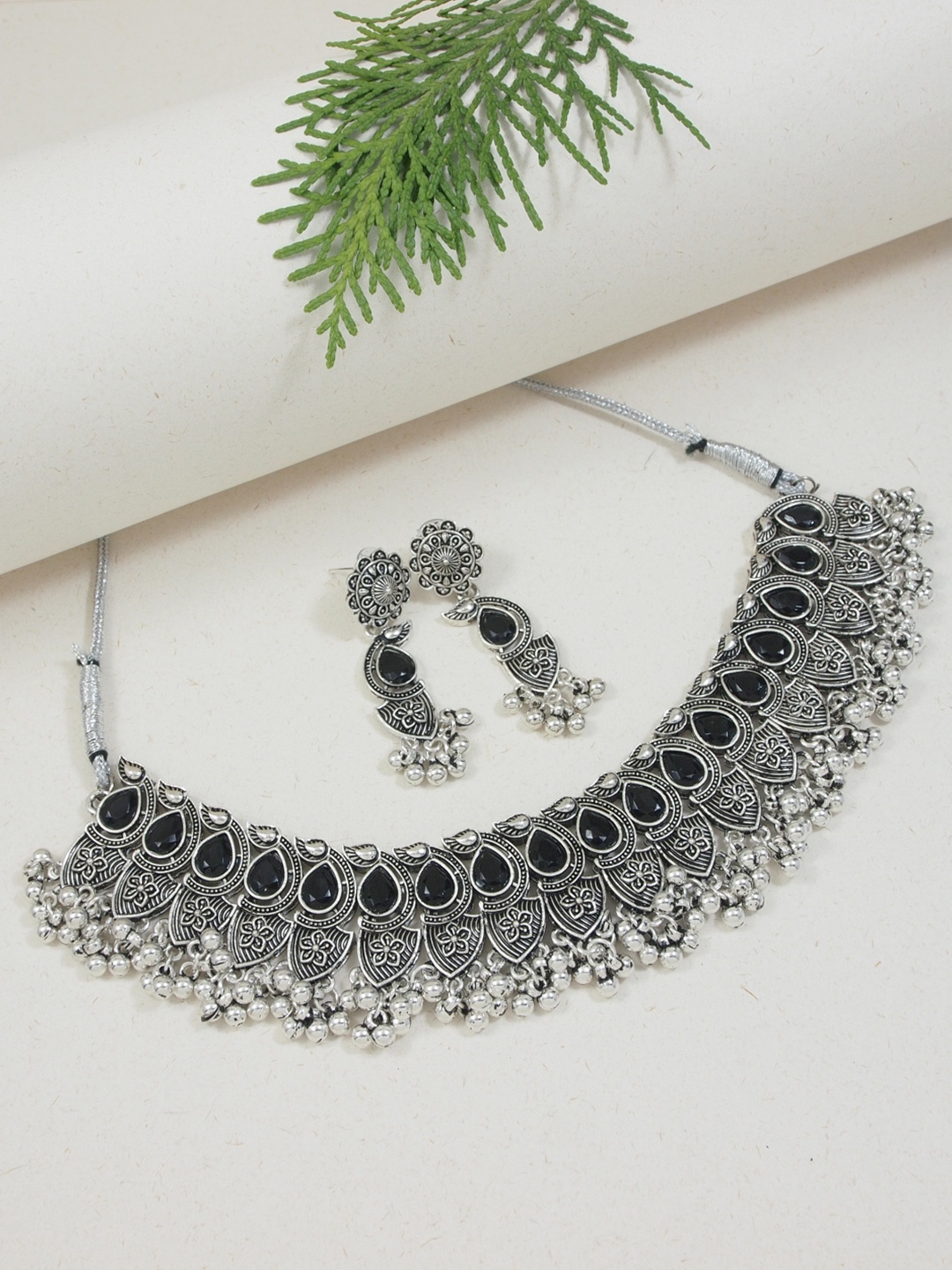

I Jewels Silver Plated Stones Studded Oxidised Ghungroo Jewellery Set