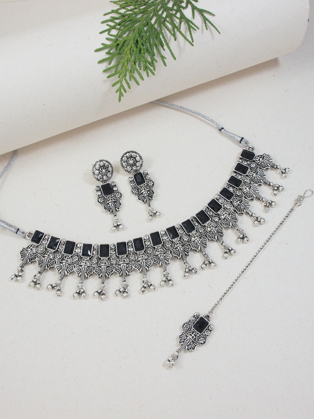 

I Jewels Silver Plated Oxidised Stones Studded Jewellery Set