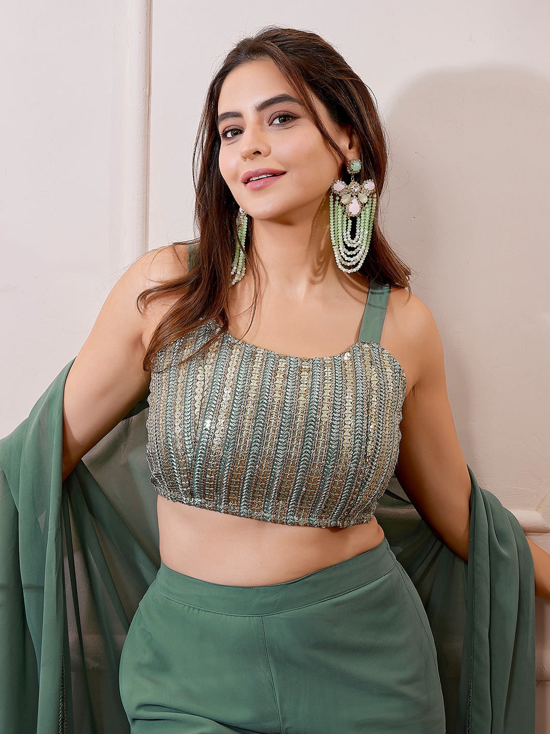 

Janasya Georgette Sequined Crop Top With Sharara & Cape Set, Green