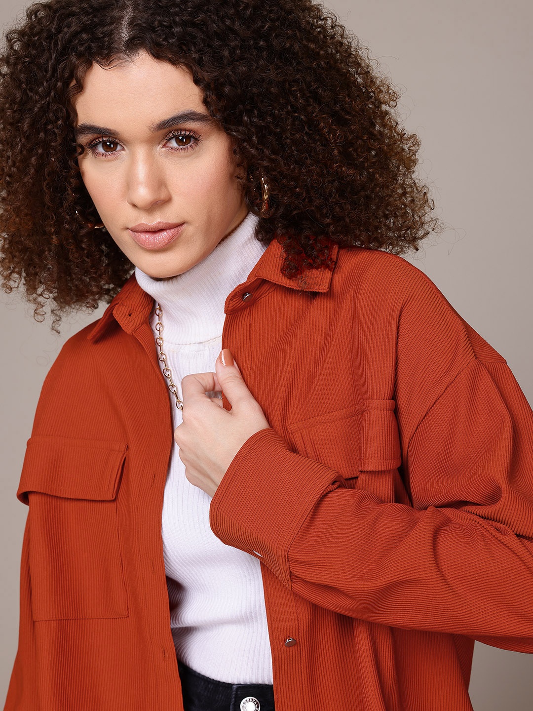 

The Roadster Lifestyle Co. Stripe Textured Longline Casual Shirt, Rust