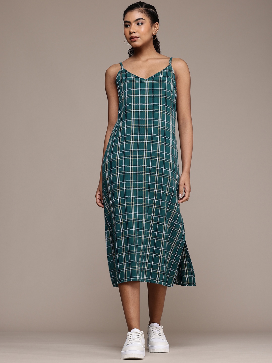 

The Roadster Life Co. Pure Cotton Checked A-Line Midi Dress, Green