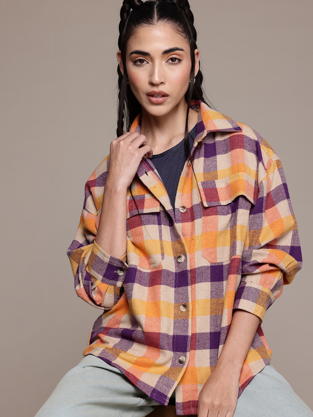 

The Roadster Life Co. Pure Cotton Oversized Checked Longline Shacket, Orange