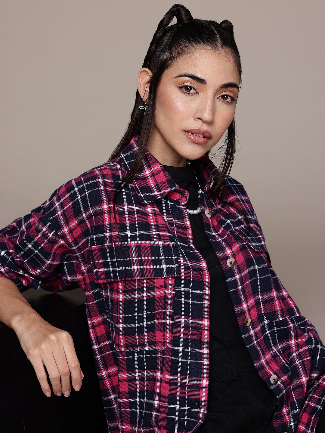 

The Roadster Life Co. Oversized Checked Longline Pure Cotton Shirt, Pink
