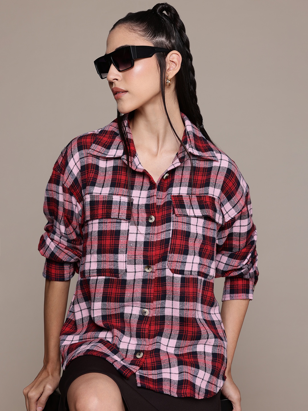 

The Roadster Life Co. Oversized Checked Longline Pure Cotton Shirt, Red