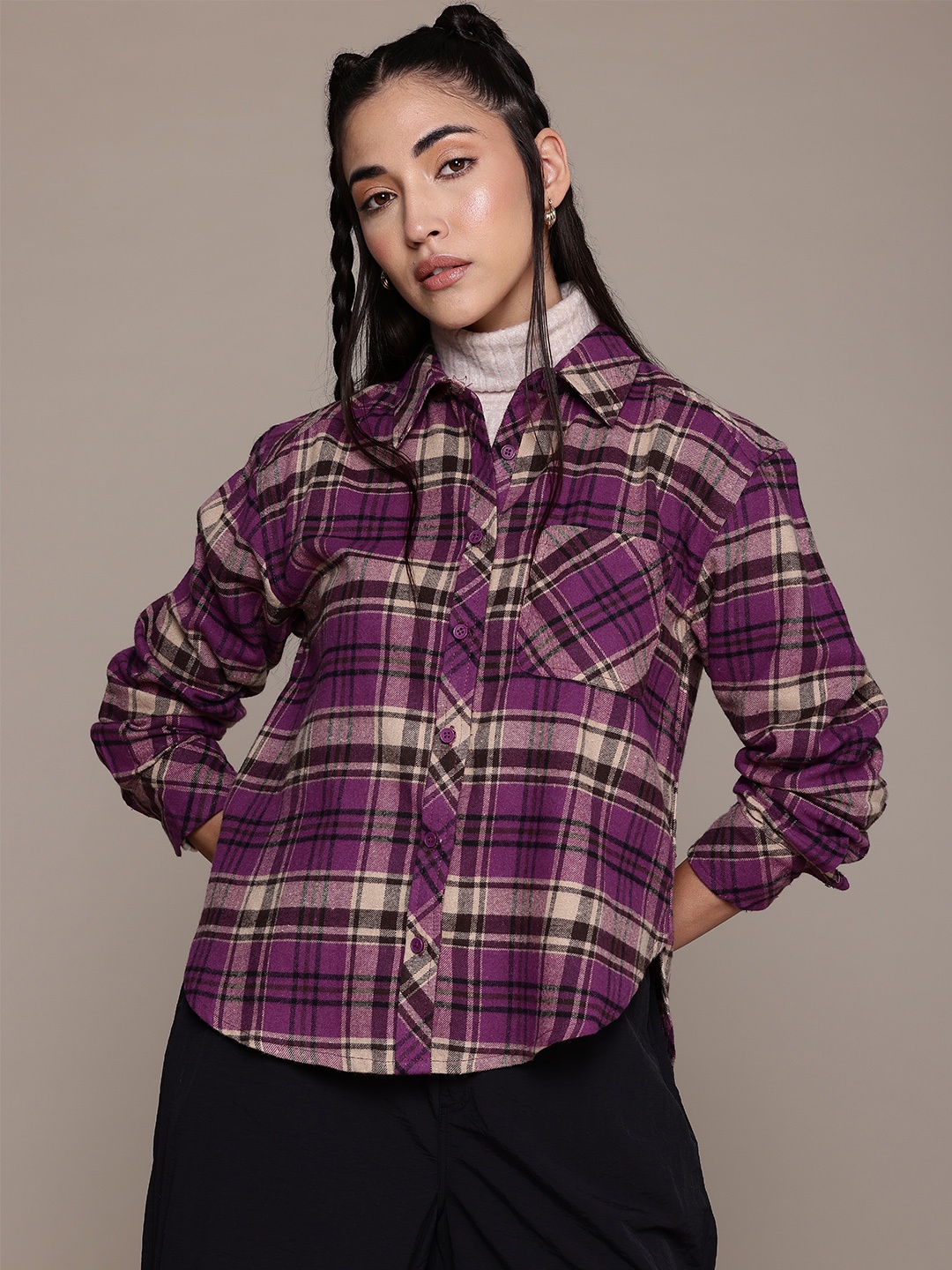 

The Roadster Lifestyle Co. Tartan Checked Pure Cotton Shacket, Purple