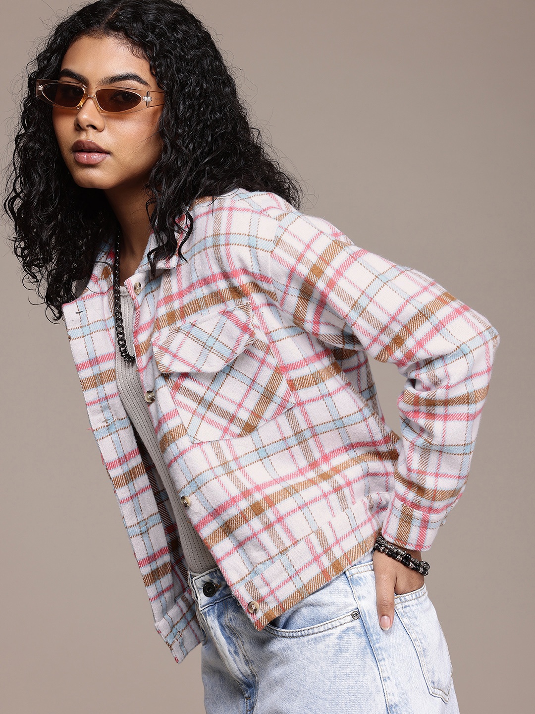 

The Roadster Life Co. Tartan Checked Pure Cotton Flannel Shacket, White