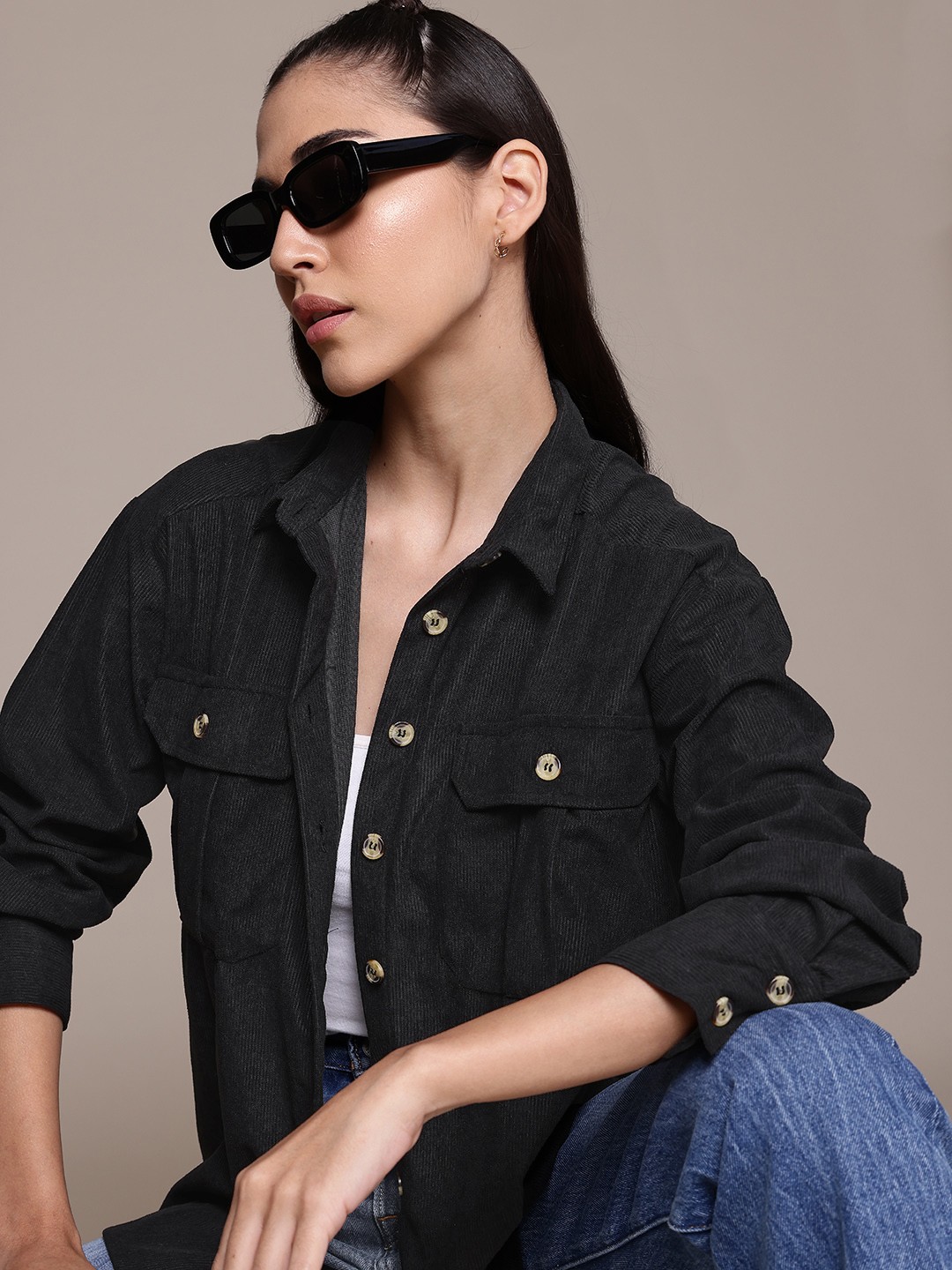 

The Roadster Lifestyle Co. Women Corduroy Casual Shirt, Black