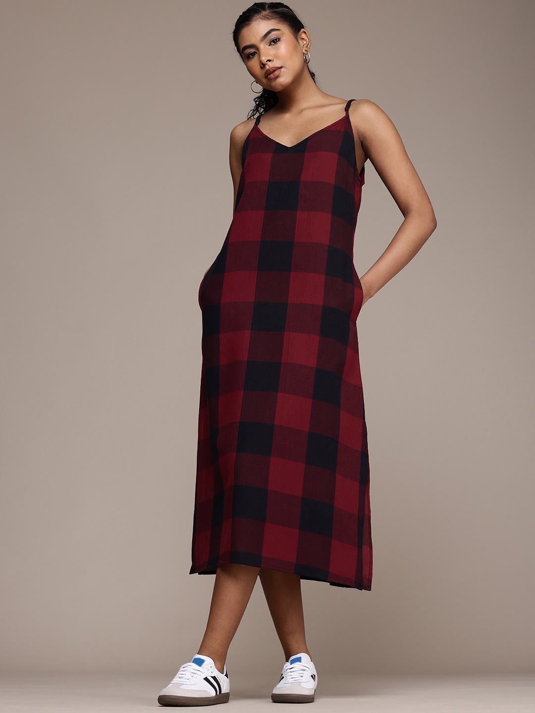 

The Roadster Life Co. Pure Cotton Checked A-Line Midi Dress, Maroon