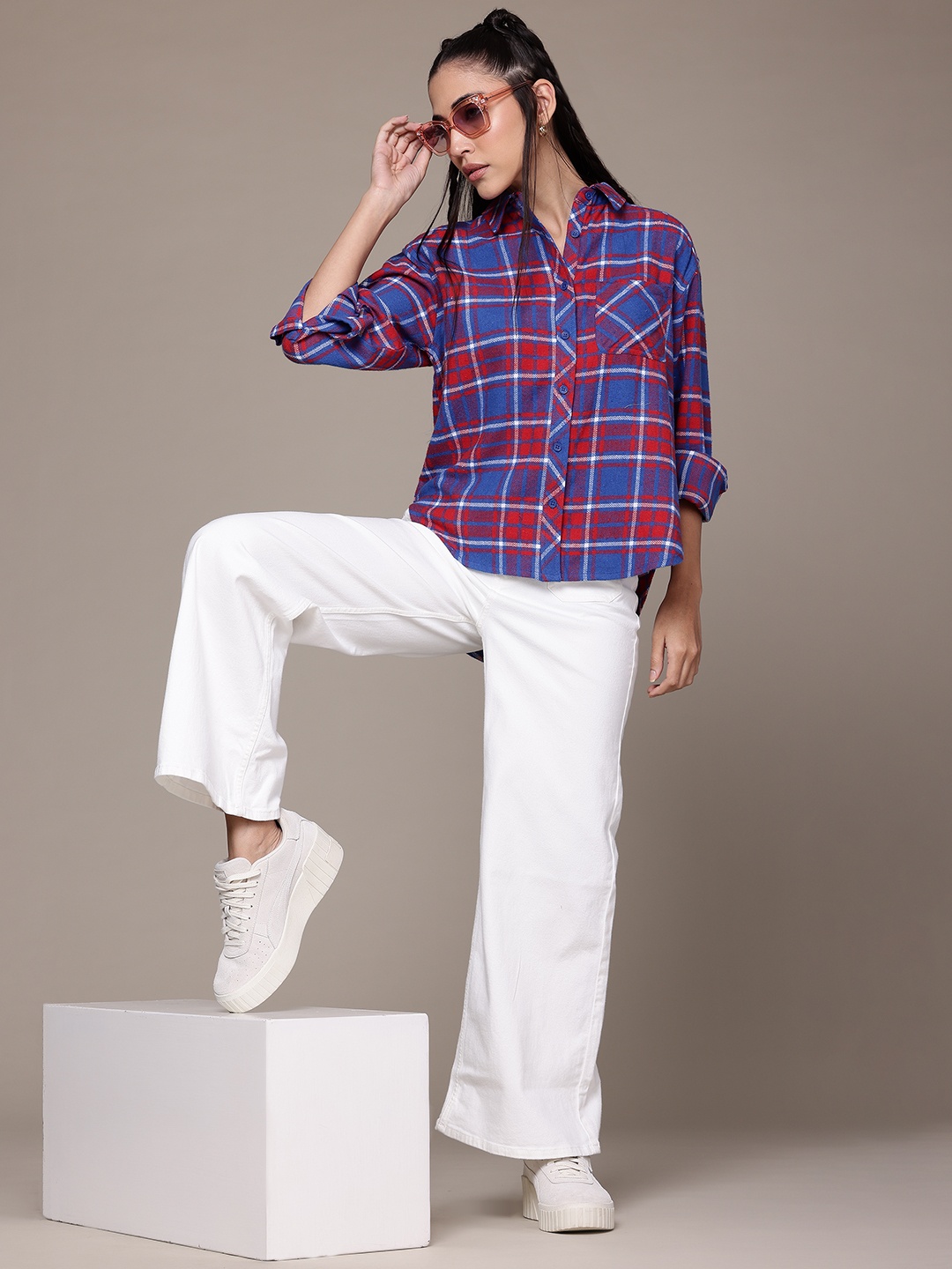 

The Roadster Life Co. Pure Cotton Oversized Checked High Low Longline Shirt, Blue