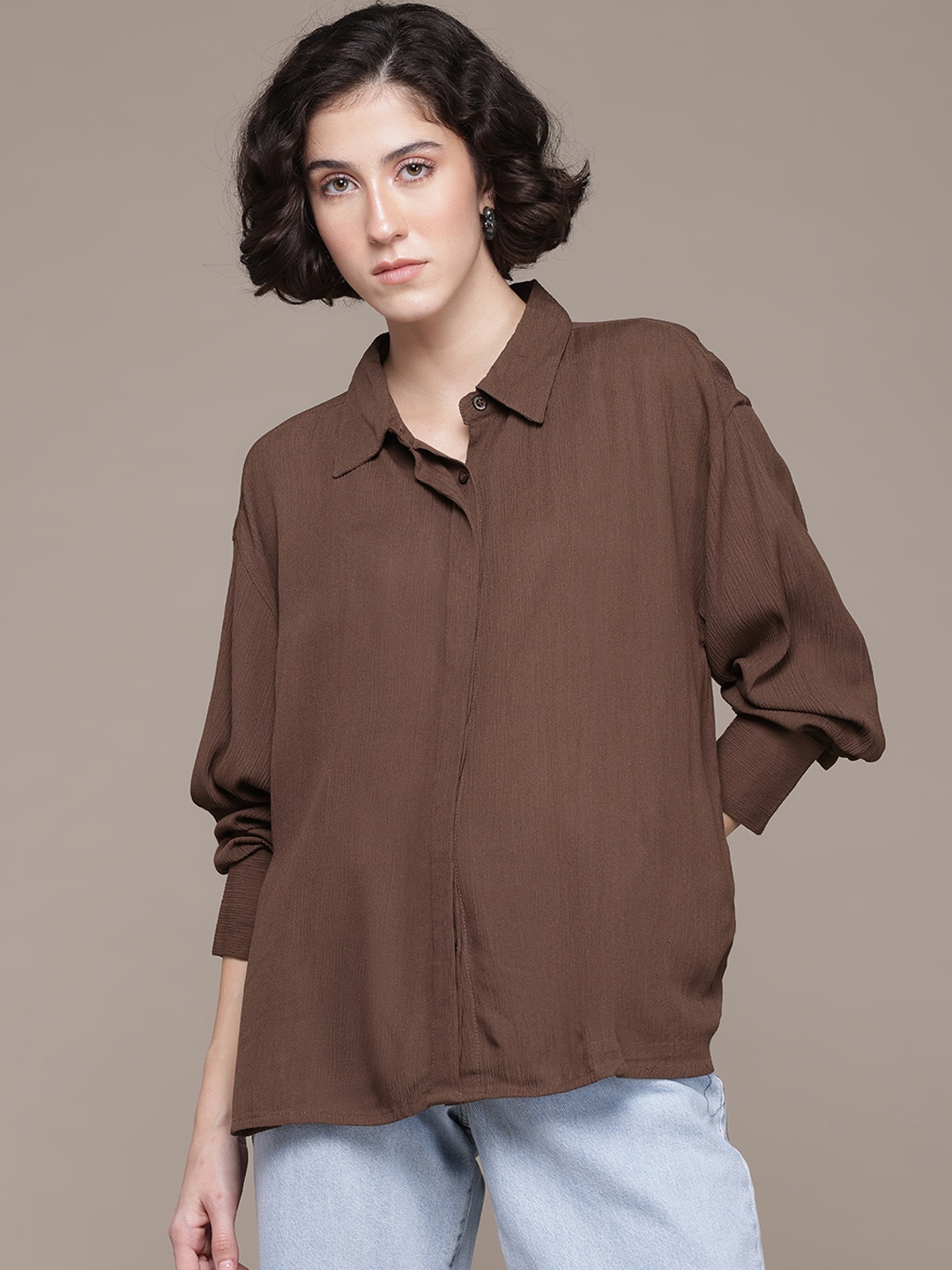 

The Roadster Lifestyle Co. Crinkled Relaxed Casual Shirt, Brown