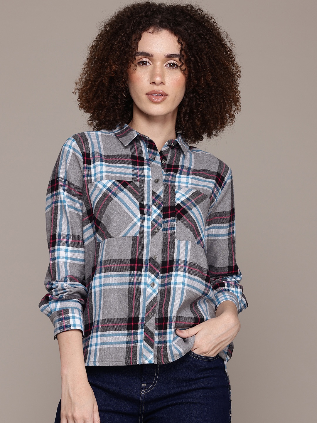 

The Roadster Lifestyle Co. Chest Pocket Detail Checked Flannel High-Low Shirt, Grey
